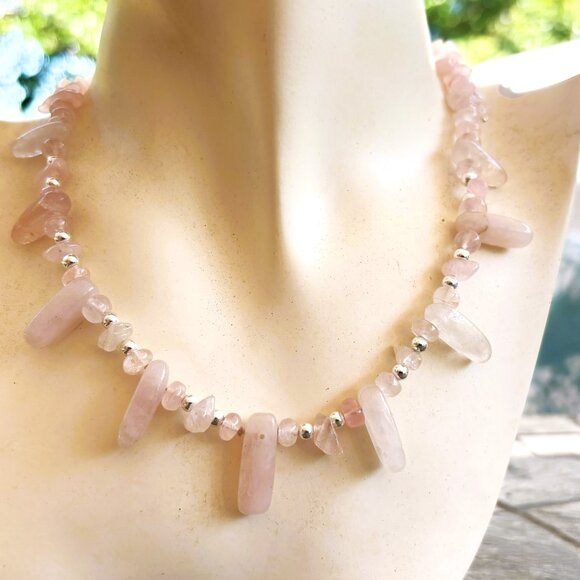 Rose Quartz & Sterling Silver Statement Necklace & Rose Quartz earrings Set - Picture 2 of 6